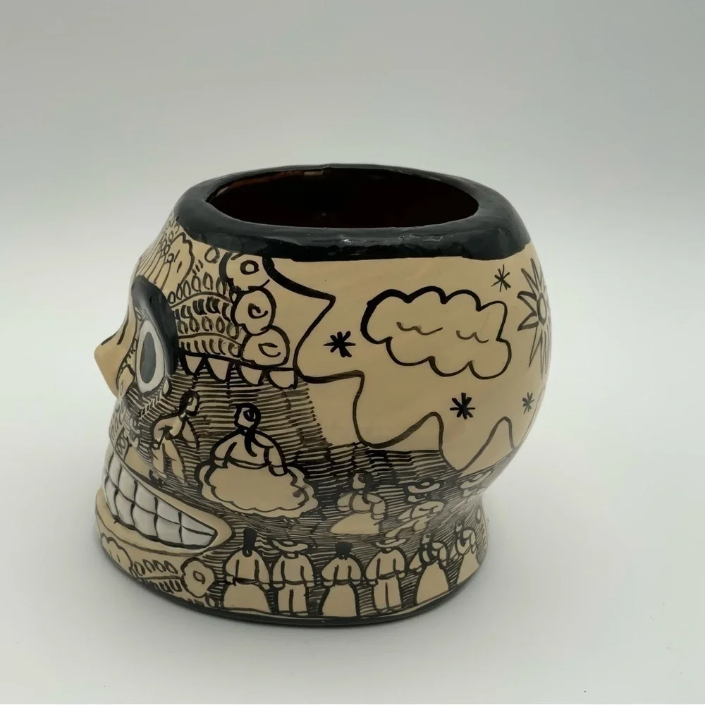 Handmade & Painted Sugar Skull Mug Red Clay Day of the Dead Dia De Los Muertos - Picture 3 of 8